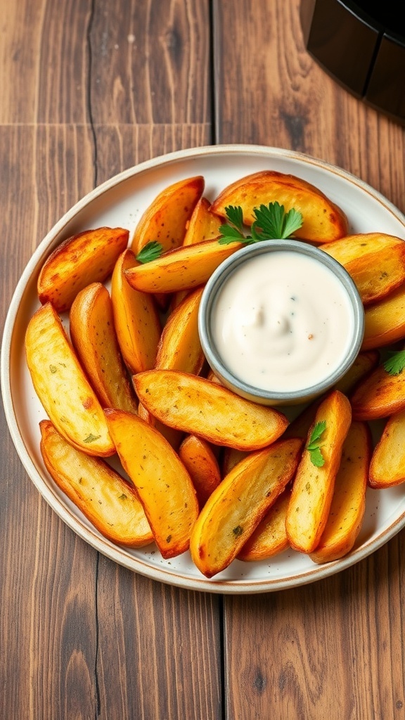 Crispy air fryer potato wedges served with dipping sauce on a rustic wooden table.